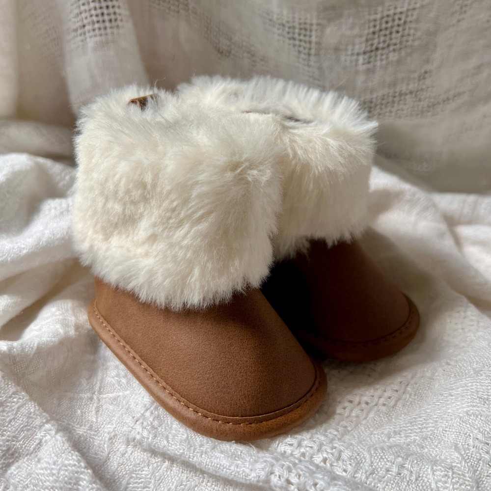 First Steps Infant Baby Girl Faux Leather Fur Trim Boots Brown 3-6M Winter Shoes